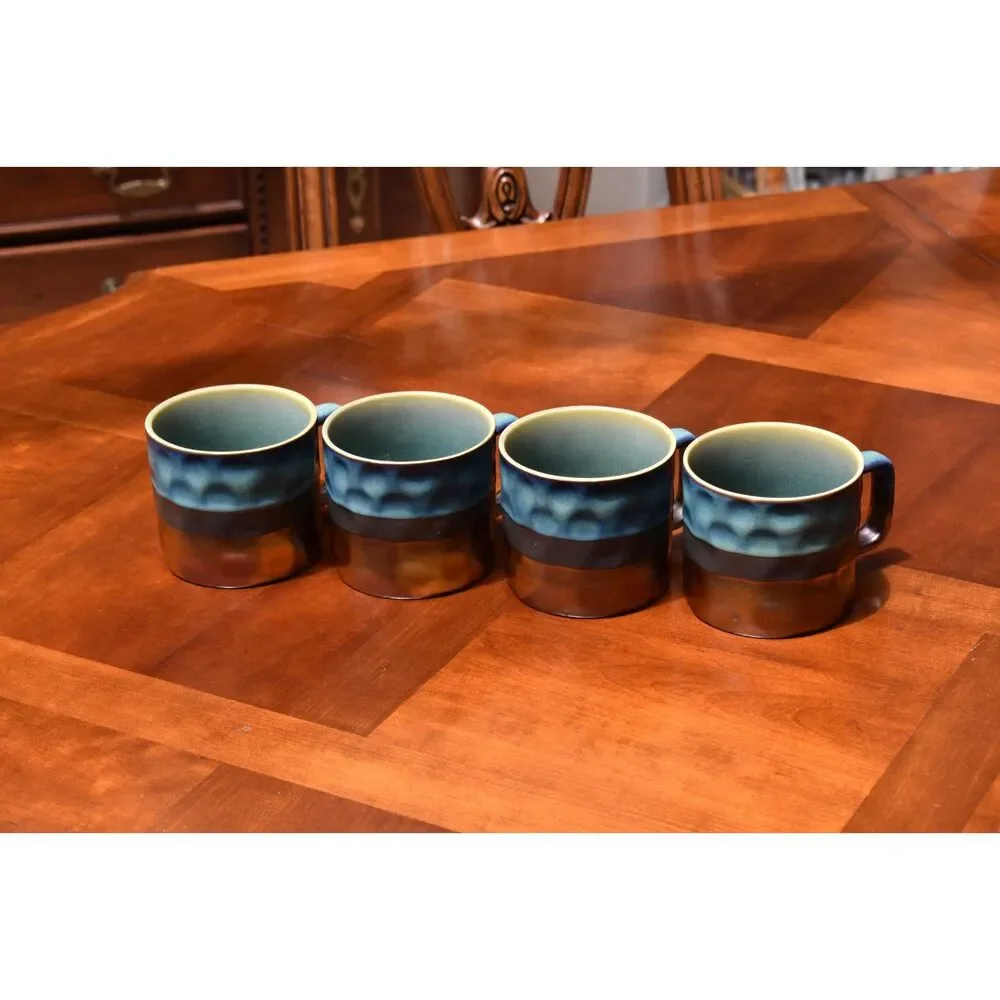 Set of 4 Roscher Stoneware Mugs Teal Blue Copper Reactive Glaze Dimpled En Gres